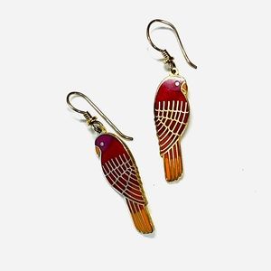 Laurel Burch Rare vintage lorikeet earrings in gold/red/orange enamel